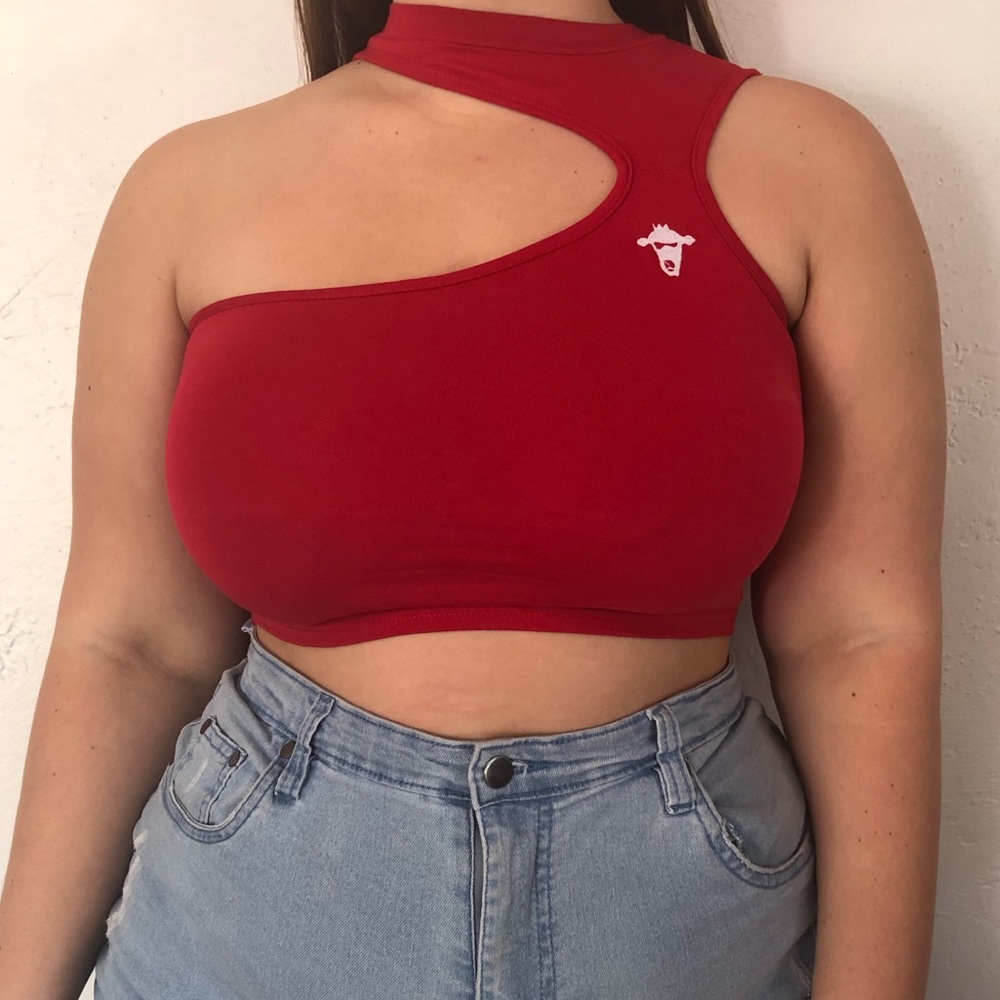 Red cow crop top size L
